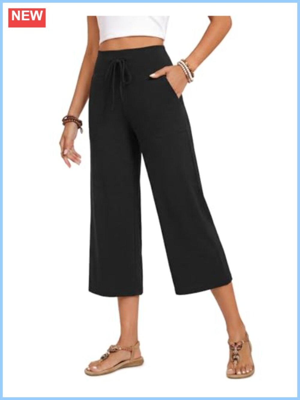Wide Leg Capri Pants for Women High Waisted Drawstring Trousers with Pockets